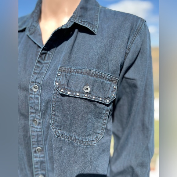 Lucky Brand Hand Crafted Studded Dark Denim Shirt - Picture 2 of 10